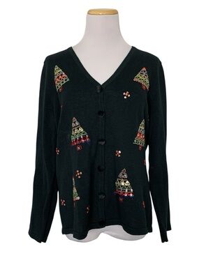Mercer Street Studio Ramie Blend Sequin Christmas Tree Cardigan Sweater Womens M